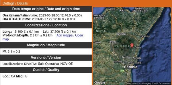 Terremoto di magnitudo 3,1 sull'Etna, nettamente avvertito