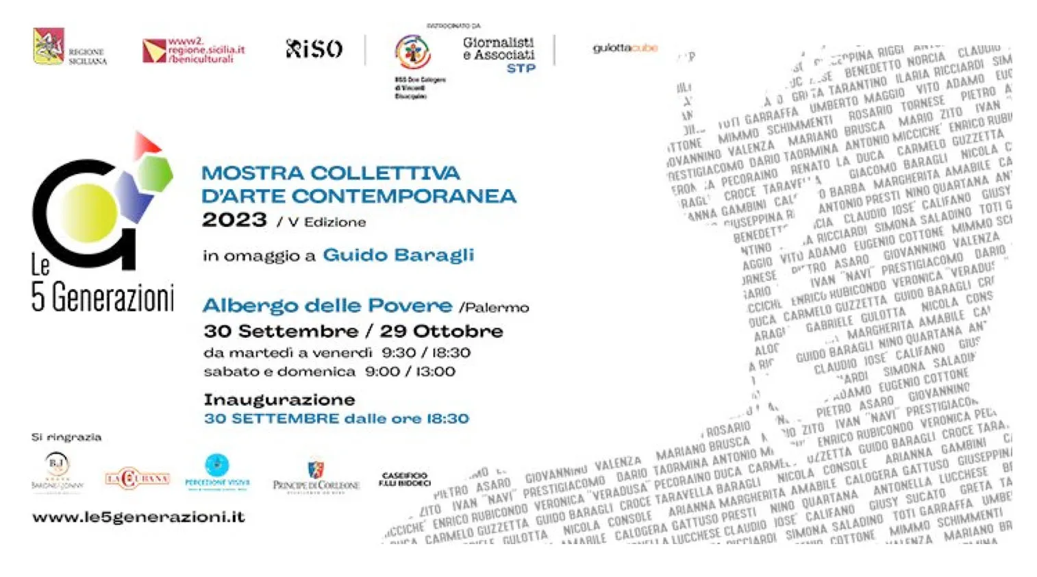 Mostra d'arte "Le 5 Generazioni": 36 artisti siciliani all'Albergo delle Povere, Palermo.
