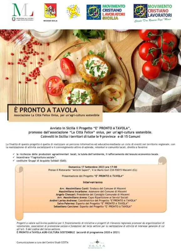 Progetto "E' PRONTO A TAVOLA" per agri-cultura sostenibile presentato a Niscemi, Sicilia.