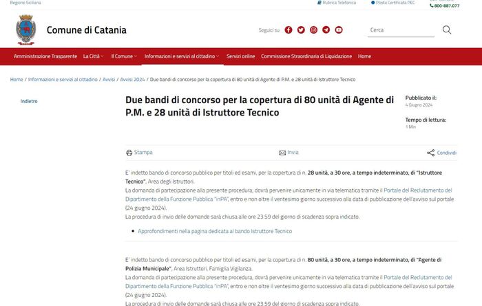 Comune Catania, bando per 108 assunzioni a tempo determinato