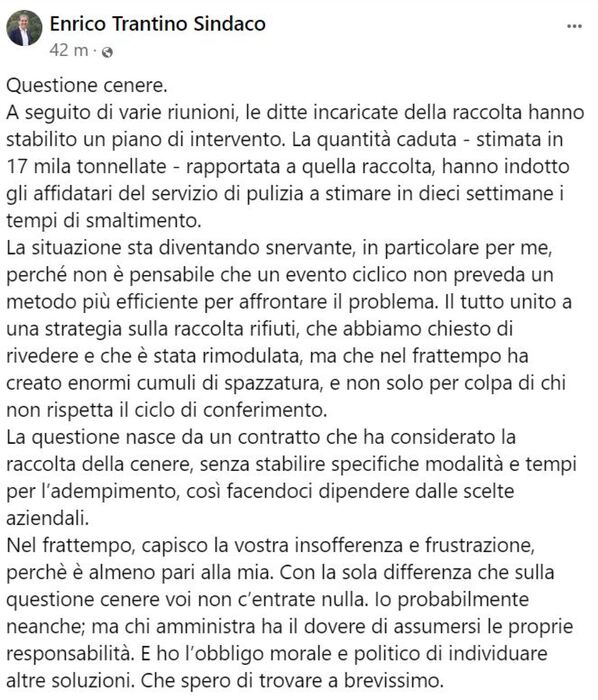 Sindaco Catania,17mila tonnellate di cenere lavica Etna su città