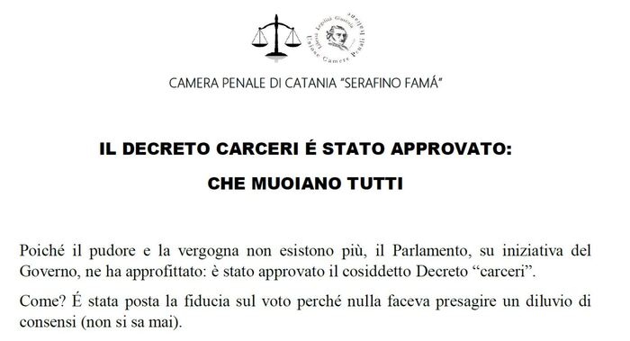 Dl carceri: Camera penale Catania, messaggio è 'muoiano tutti'