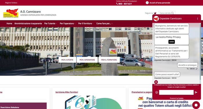 Ospedale Cannizzaro Catania, I.A. per comunicazioni a utenti